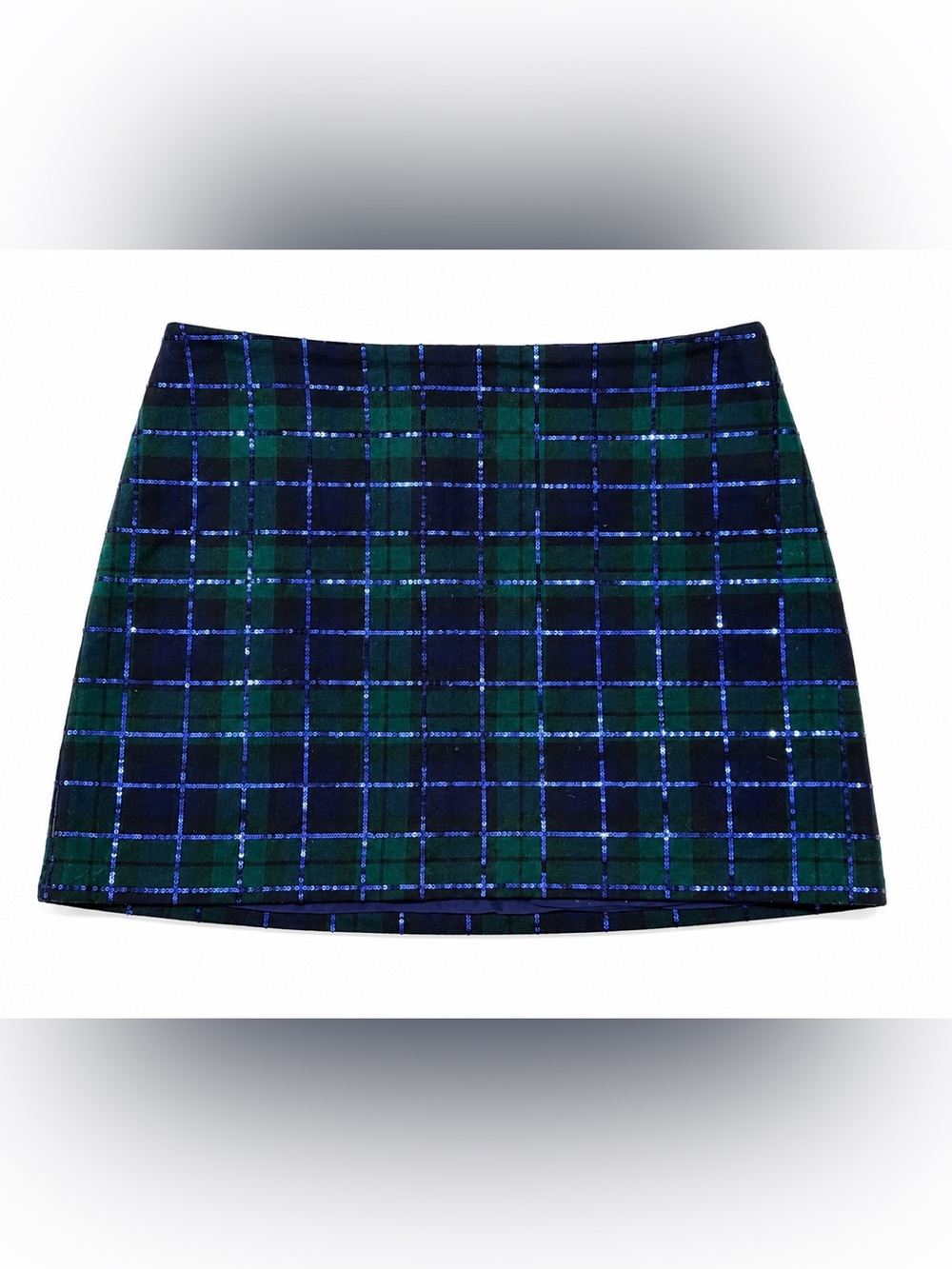 Vineyard Vine Black Watch Tartan Green & Navy Plaid Sequin Mini Skirt